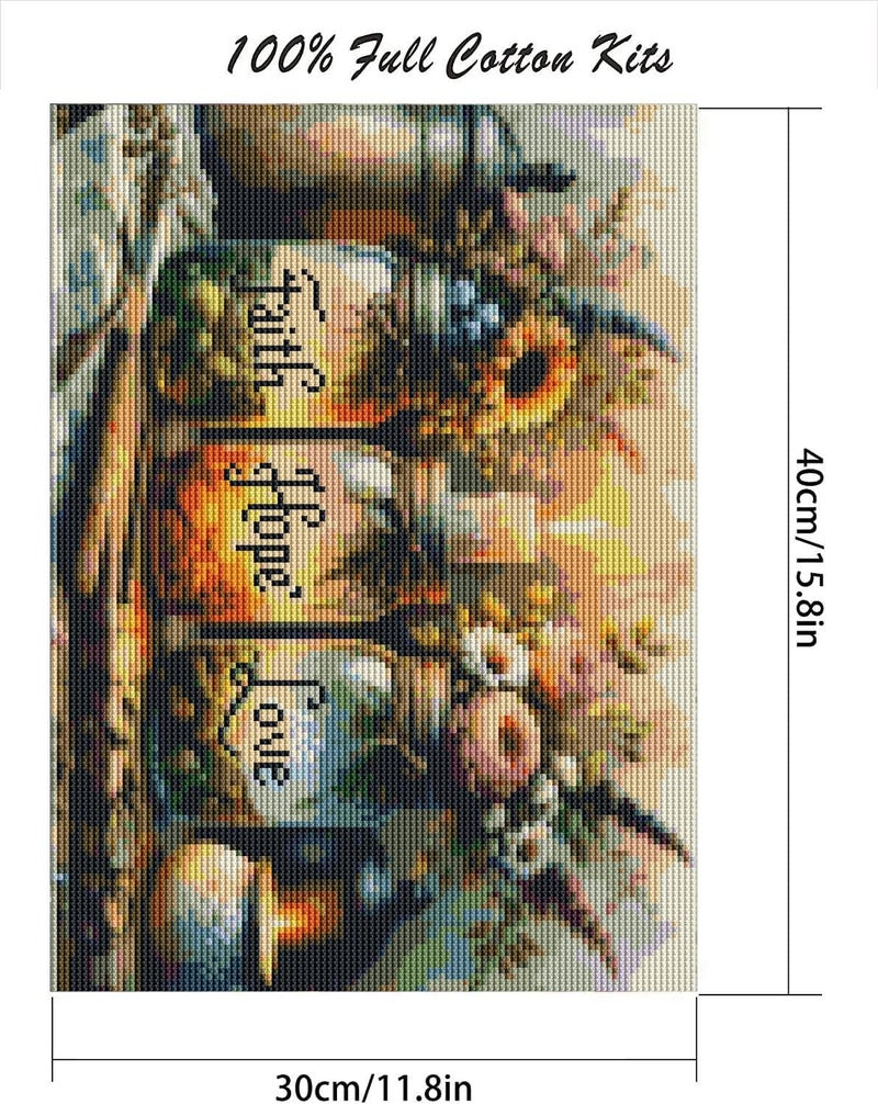Fotasmua Cross Stitch Kits for Adults - Faith, Hope, Love Wishing Bottle Stamped Cross Stitching Ornament Kits for Beginners, Counted Embroidery Needlepoint Kit Home Decor 12 x 16 Inch - Image 2